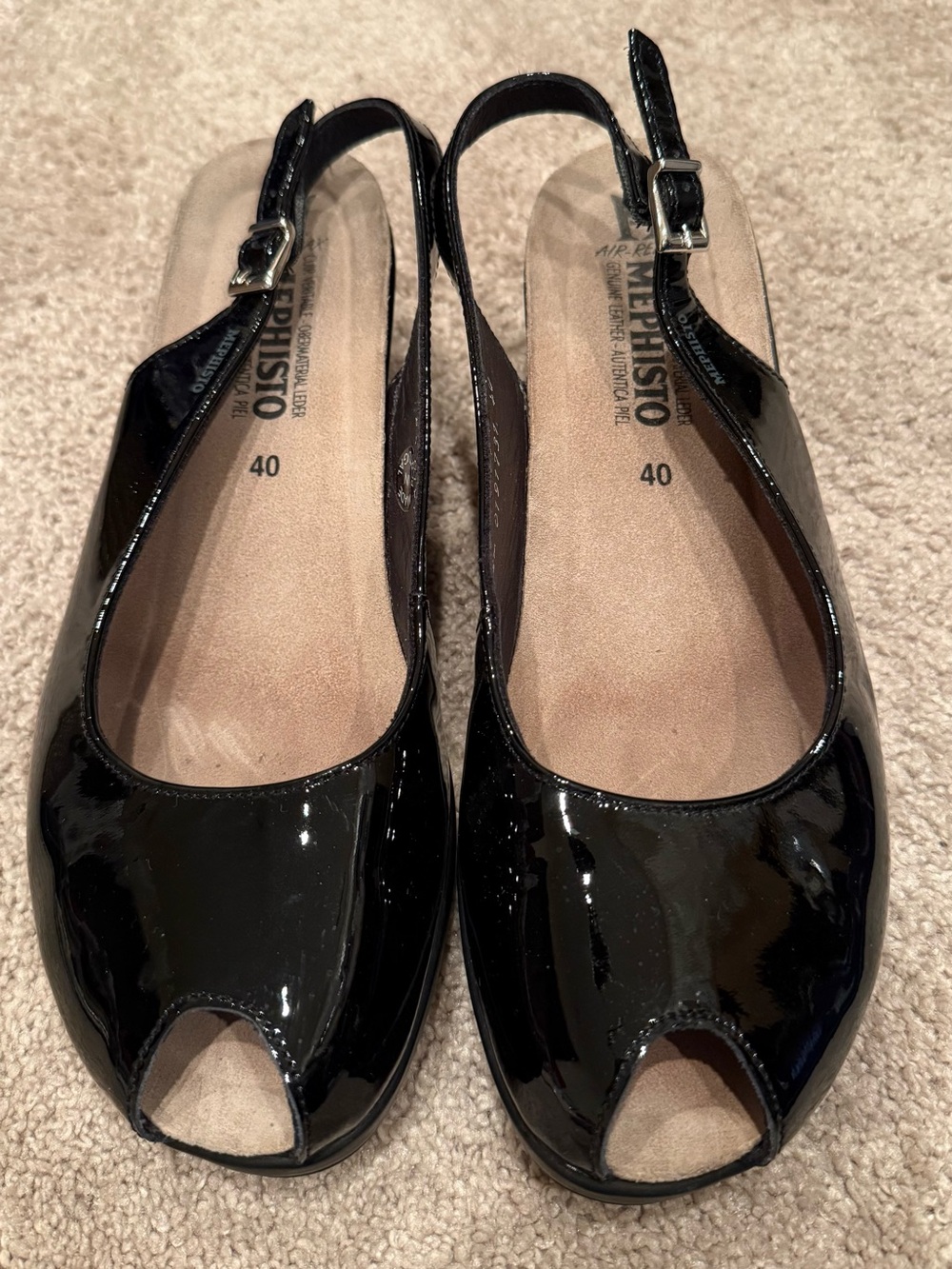 Mephisto Natasia Black Patent Leather Peep-Toe Slingback Wedges